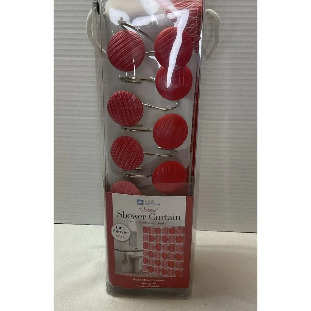 Red And White Polka Dots Shower Curtain With 12pc Red Dot Hooks